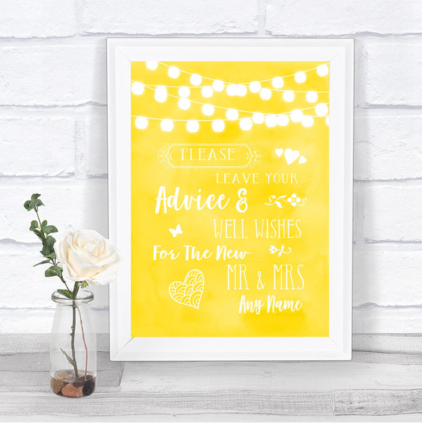 Yellow Watercolour Lights Guestbook Advice & Wishes Mr & Mrs Wedding Sign