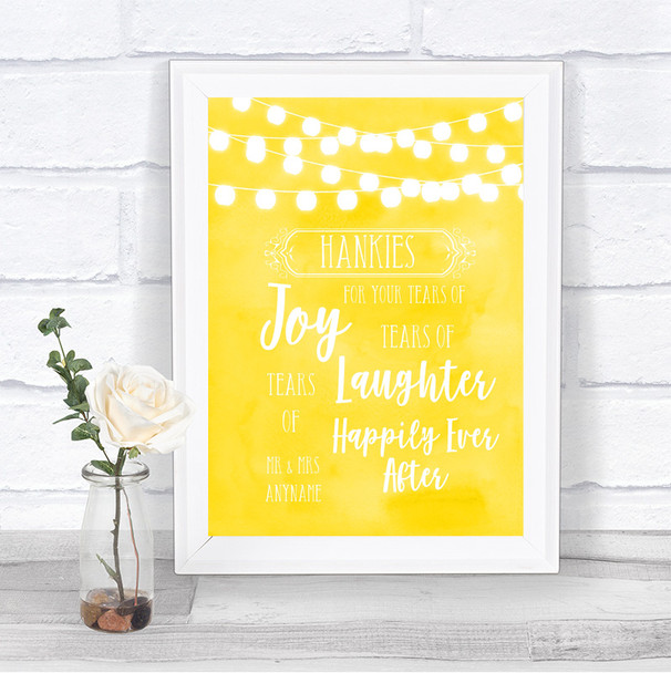 Yellow Watercolour Lights Hankies And Tissues Personalized Wedding Sign