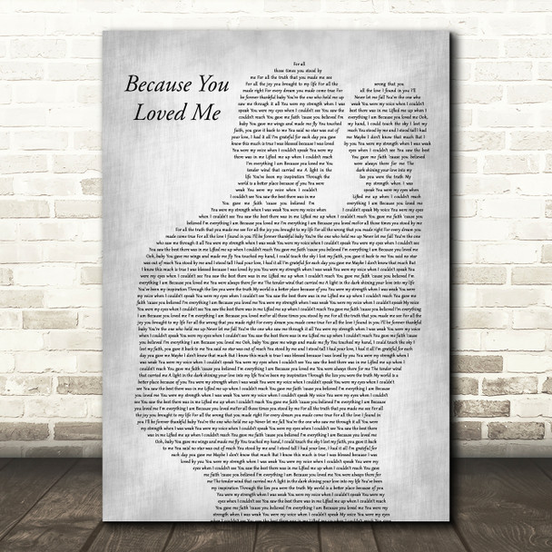 Celine Dion Because You Loved Me Father & Baby Grey Song Lyric Art Print