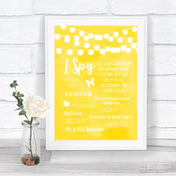 Yellow Watercolour Lights I Spy Disposable Camera Personalized Wedding Sign