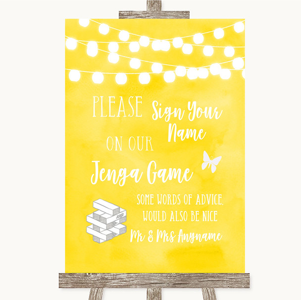 Yellow Watercolour Lights Jenga Guest Book Personalized Wedding Sign