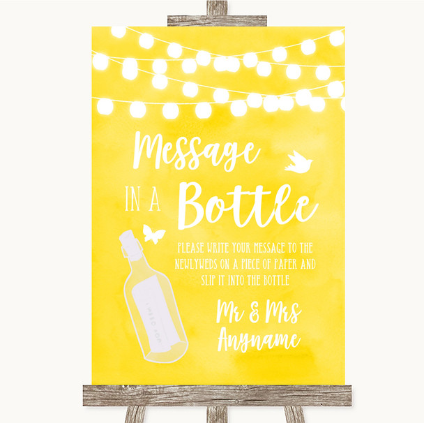 Yellow Watercolour Lights Message In A Bottle Personalized Wedding Sign