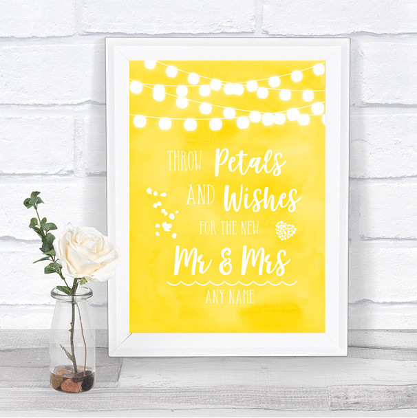 Yellow Watercolour Lights Petals Wishes Confetti Personalized Wedding Sign