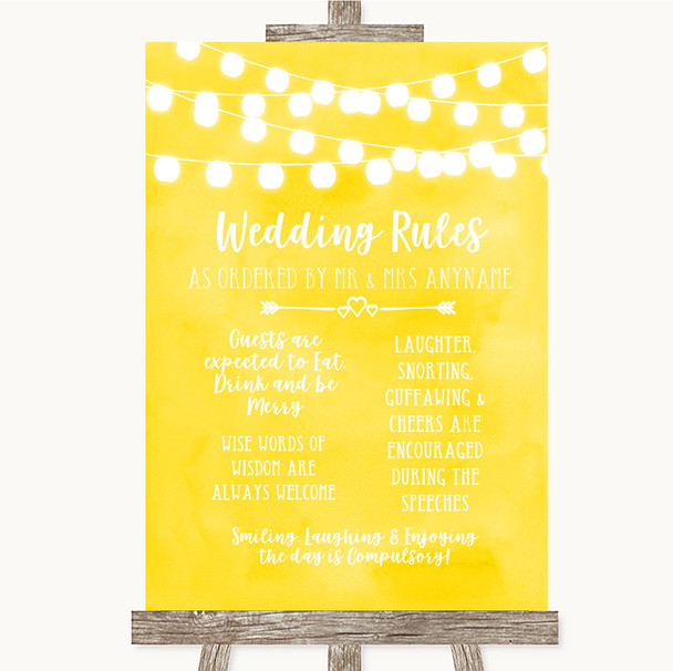 Yellow Watercolour Lights Rules Of The Wedding Personalized Wedding Sign