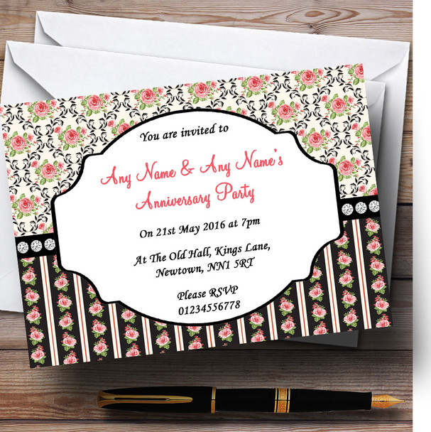 Black And Pink Shabby Chic Rose Tea Stripes Personalized Anniversary Party Invitations