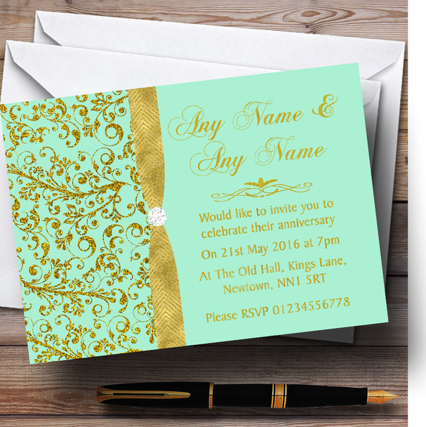 Gold And Cool Mint Green Vintage Personalized Anniversary Party Invitations