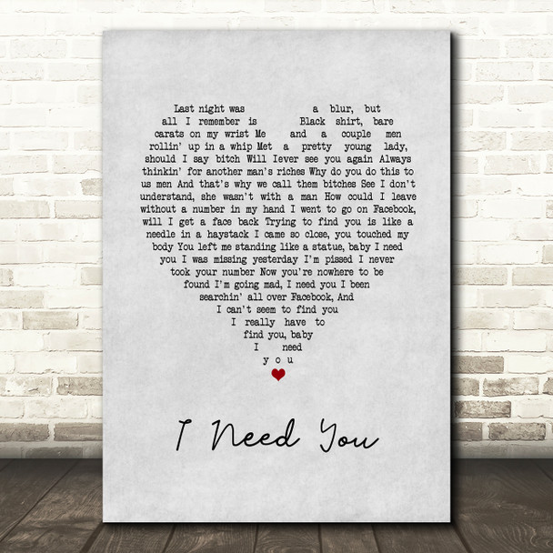 N-Dubz I Need You Grey Heart Song Lyric Art Print
