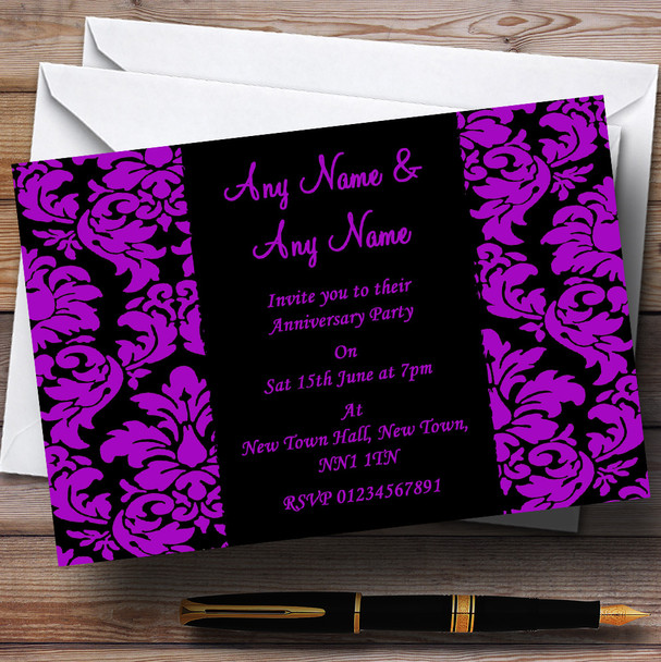 Floral Black & Purple Damask Wedding Anniversary Party Personalized Invitations