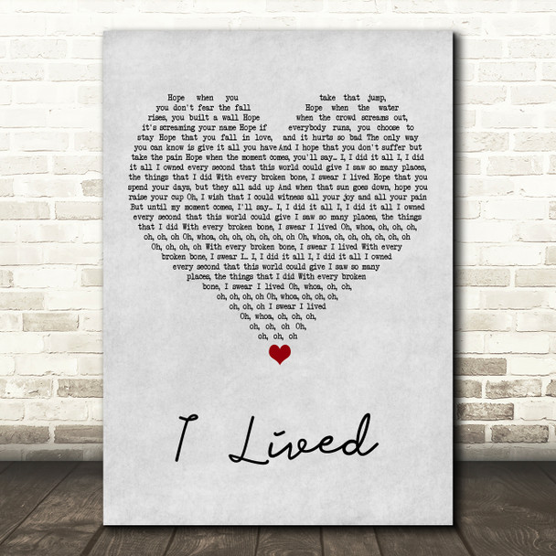 OneRepublic I Lived Grey Heart Song Lyric Art Print