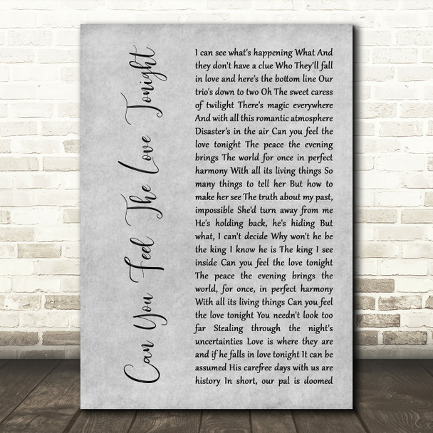 The Lion King Can You Feel The Love Tonight Grey Rustic Script Song Lyric Art Print