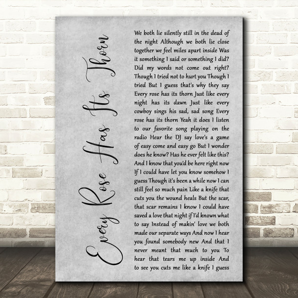 Poison Every Rose Has Its Thorn Grey Rustic Script Song Lyric Art Print