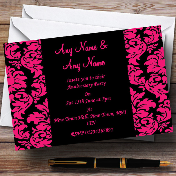 Stunning Floral Black Pink Damask Wedding Anniversary Party Personalized Invitations