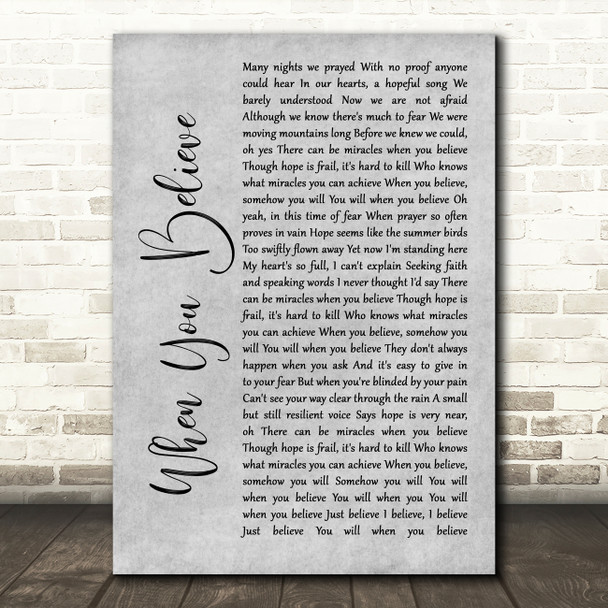 Whitney Houston & Mariah Carey When You Believe Grey Rustic Script Song Lyric Art Print