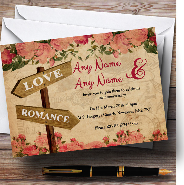 Rustic Pink Roses Signpost Shabby Chic Vintage Personalized Anniversary Party Invitations