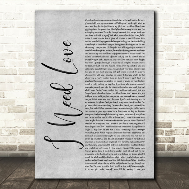 LL Cool J I Need Love Grey Rustic Script Song Lyric Art Print