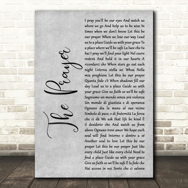 Celine Dion & Andrea Bocelli The Prayer Grey Rustic Script Song Lyric Art Print