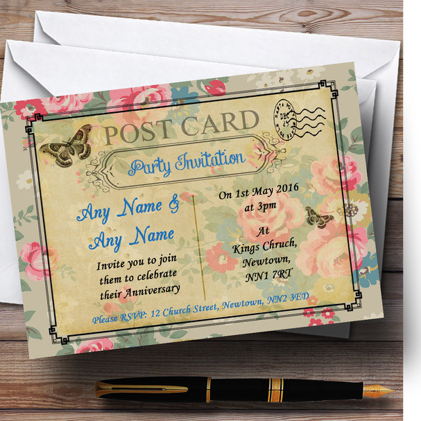 Blue Floral Vintage Paris Shabby Chic Postcard Personalized Anniversary Party Invitations