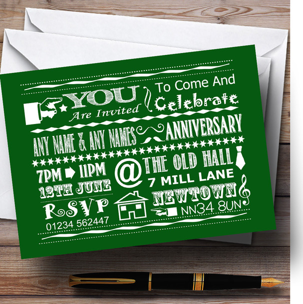 Cool Vintage Fun Chalk Typography Green Personalized Anniversary Party Invitations