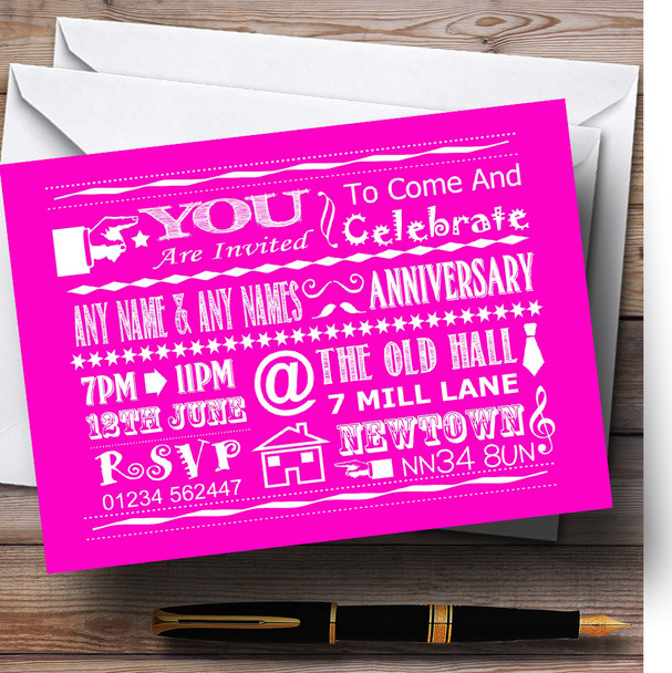 Cool Vintage Fun Chalk Typography Hot Pink Personalized Anniversary Party Invitations