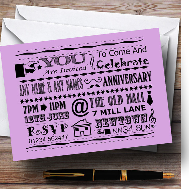 Cool Vintage Fun Chalk Typography Lilac Personalized Anniversary Party Invitations