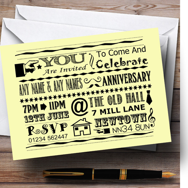 Cool Vintage Fun Chalk Typography Pale Yellow Personalized Anniversary Party Invitations