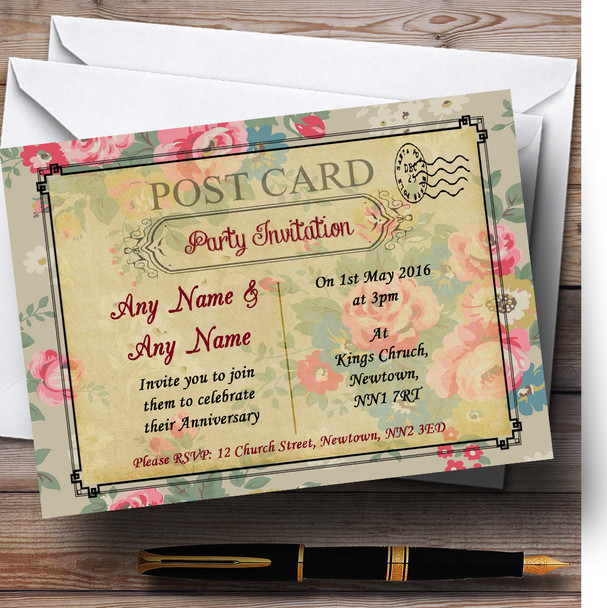 Floral Vintage Paris Shabby Chic Postcard Personalized Anniversary Party Invitations