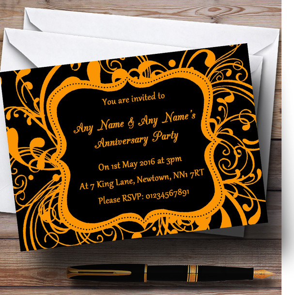 Black & Orange Swirl Deco Personalized Anniversary Party Invitations