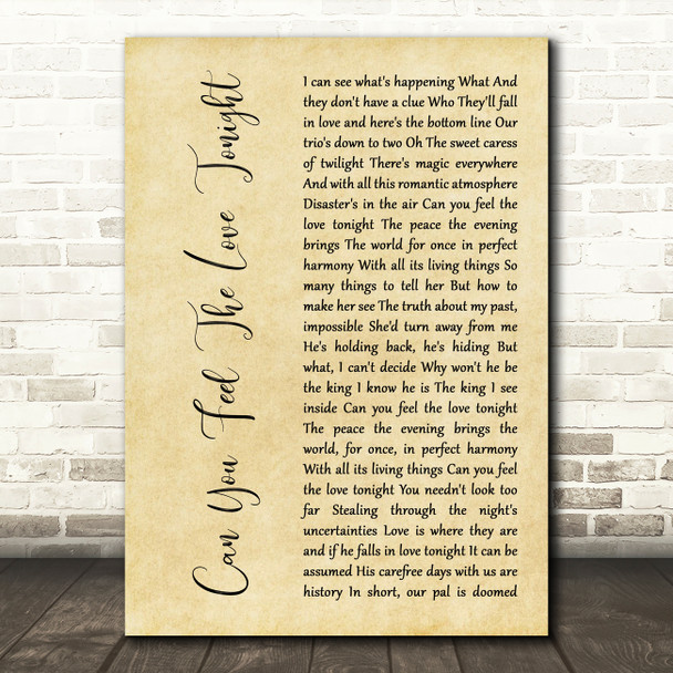 The Lion King Can You Feel The Love Tonight Rustic Script Song Lyric Art Print