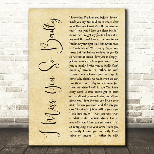 Ethan Pierce I Miss You So Badly Rustic Script Song Lyric Art Print