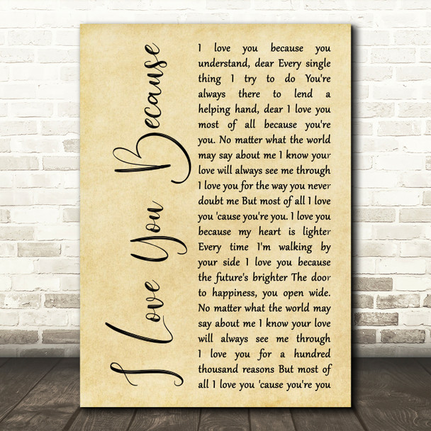 Jim Reeves I Love You Because Rustic Script Song Lyric Art Print