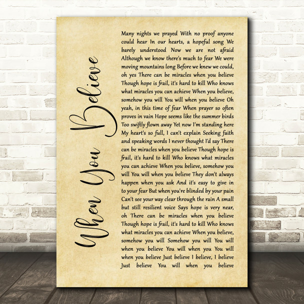 Whitney Houston & Mariah Carey When You Believe Rustic Script Song Lyric Art Print