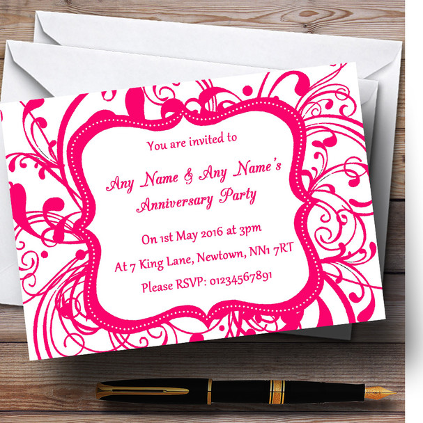 White & Pink Swirl Deco Personalized Anniversary Party Invitations