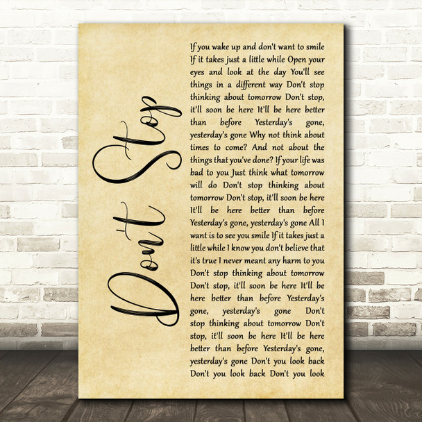 Fleetwood Mac Don't Stop Rustic Script Song Lyric Art Print