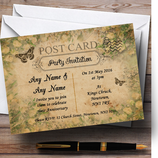 White Roses Vintage Shabby Chic Postcard Personalized Anniversary Party Invitations