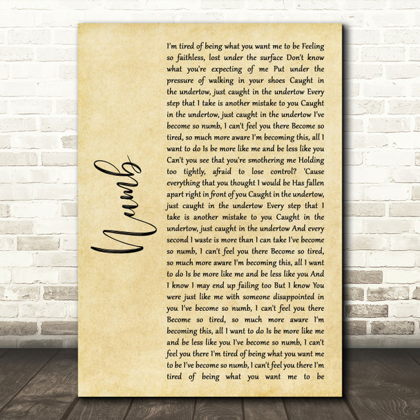 Linkin Park Numb Rustic Script Song Lyric Art Print