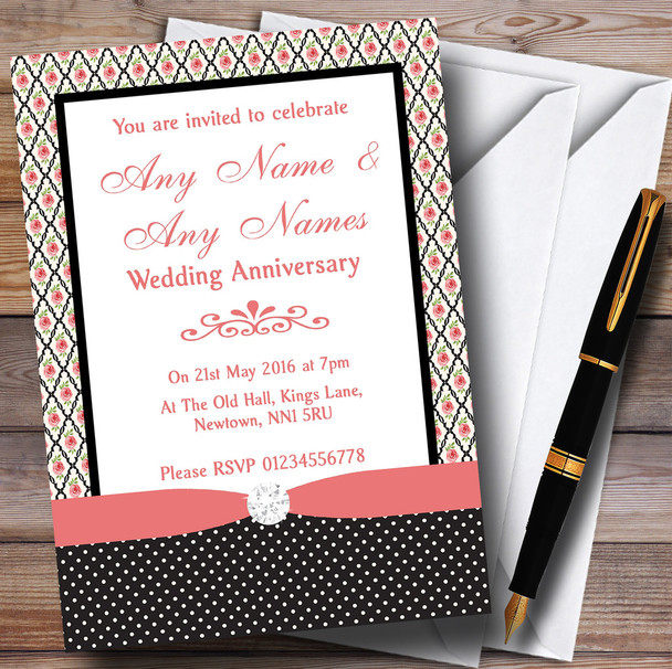 Coral Pink Rose Shabby Chic Black Polkadot Personalized Anniversary Party Invitations