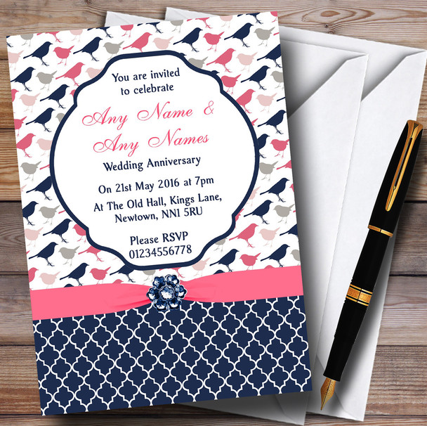 Navy Blue & Coral Pink Shabby Chic Birds Personalized Anniversary Party Invitations