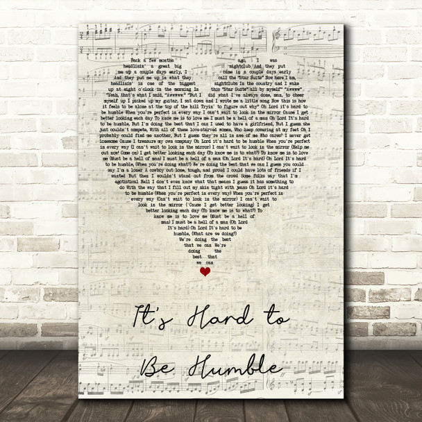 Mac Davis It's Hard to Be Humble Script Heart Song Lyric Art Print