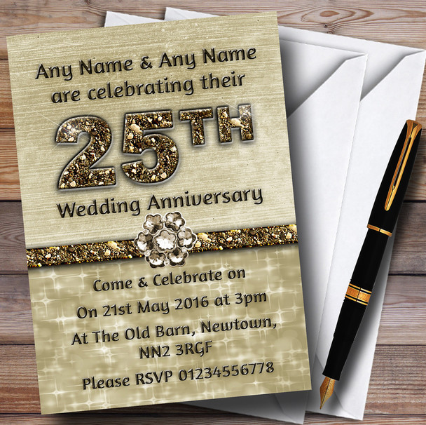 Titanium Gold Sparkly 25Th Personalized Anniversary Party Invitations