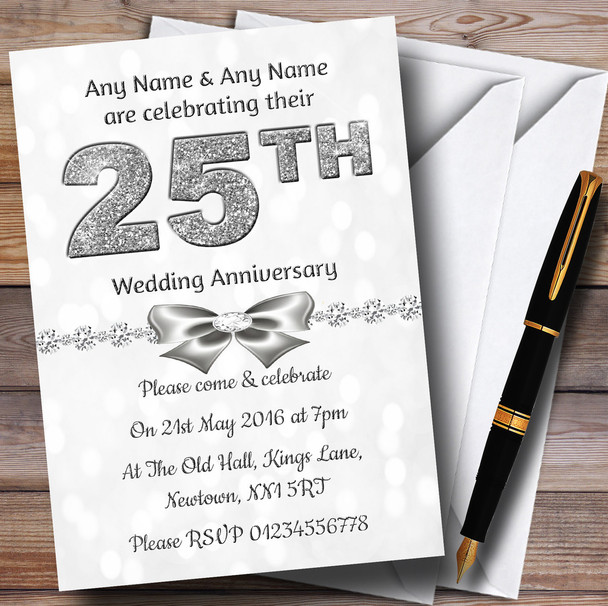 White Bokeh & Silver Glitter Look 25Th Personalized Anniversary Party Invitations