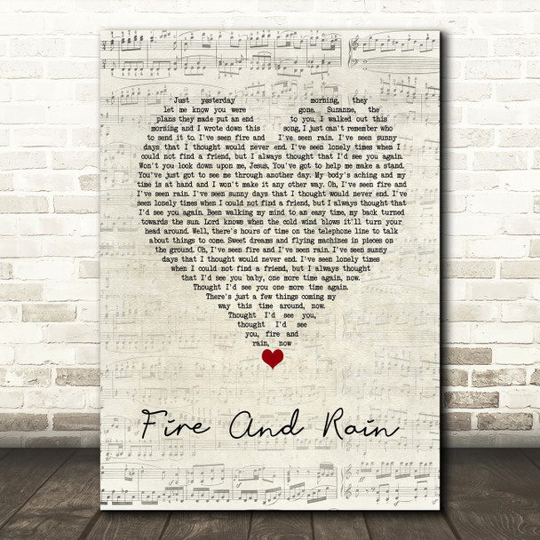 James Taylor Fire And Rain Script Heart Song Lyric Art Print