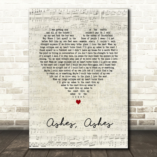 Deaf Havana Ashes, Ashes Script Heart Song Lyric Art Print