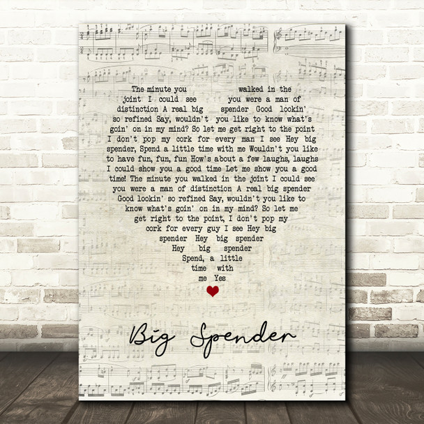 Shirley Bassey Big Spender Script Heart Song Lyric Art Print