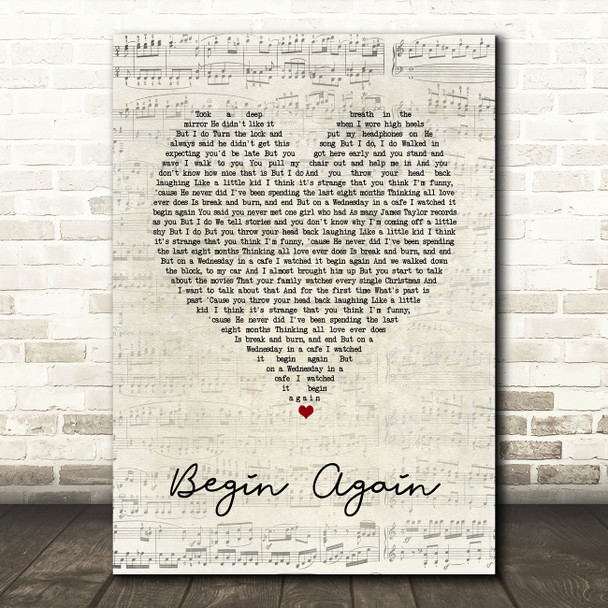 Taylor Swift Begin Again Script Heart Song Lyric Art Print