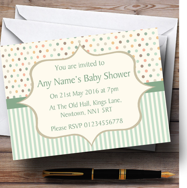Mint Green Polkadot And Stripes Baby Shower Party Personalized Invitations