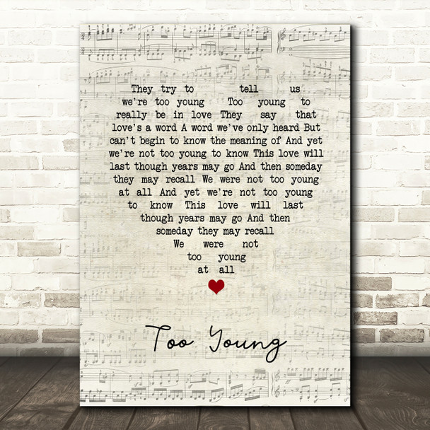 Nat King Cole Too Young Script Heart Song Lyric Art Print