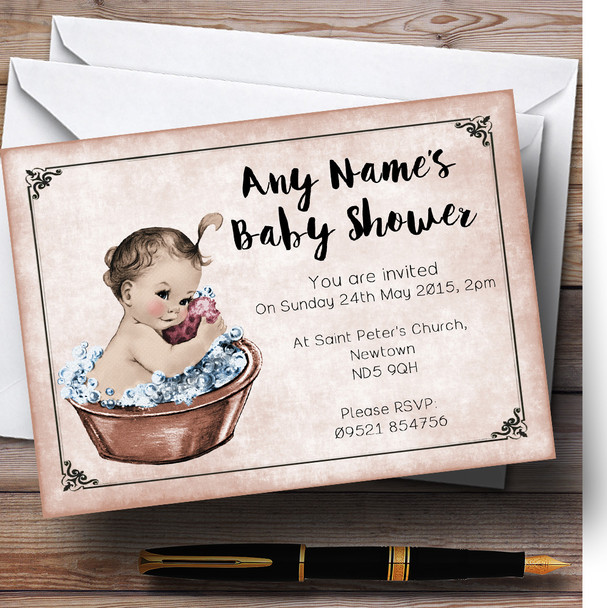 Vintage Baby Girl In Washtub Personalized Baby Shower Invitations