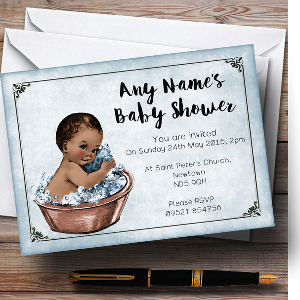 Vintage Baby Boy Dark Skin Personalized Baby Shower Invitations