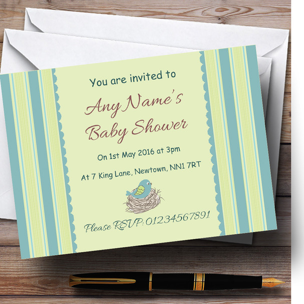 Birds In Nest Boy Personalized Baby Shower Invitations