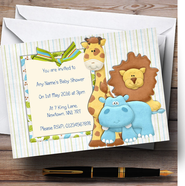 Cute Jungle Felt Look Animals Stripy Personalized Baby Shower Invitations